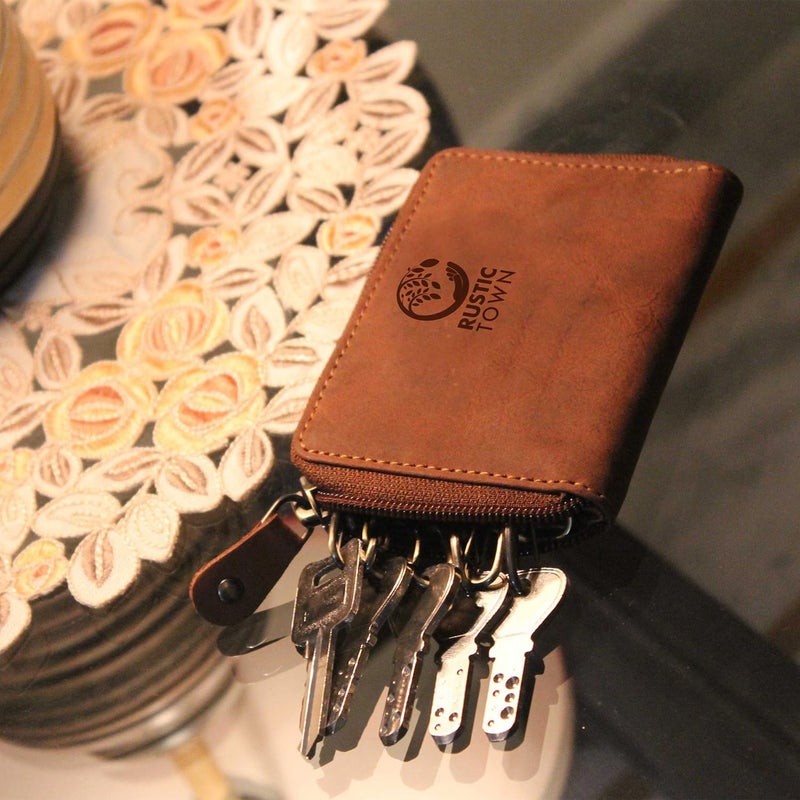 RUSTIC TOWN Leather Key Case Holder - Zippered Key Organizer Wallet with 8 Hooks for Keys, Cash, and Card - Gift for Men and Women (Brown) - Image 2